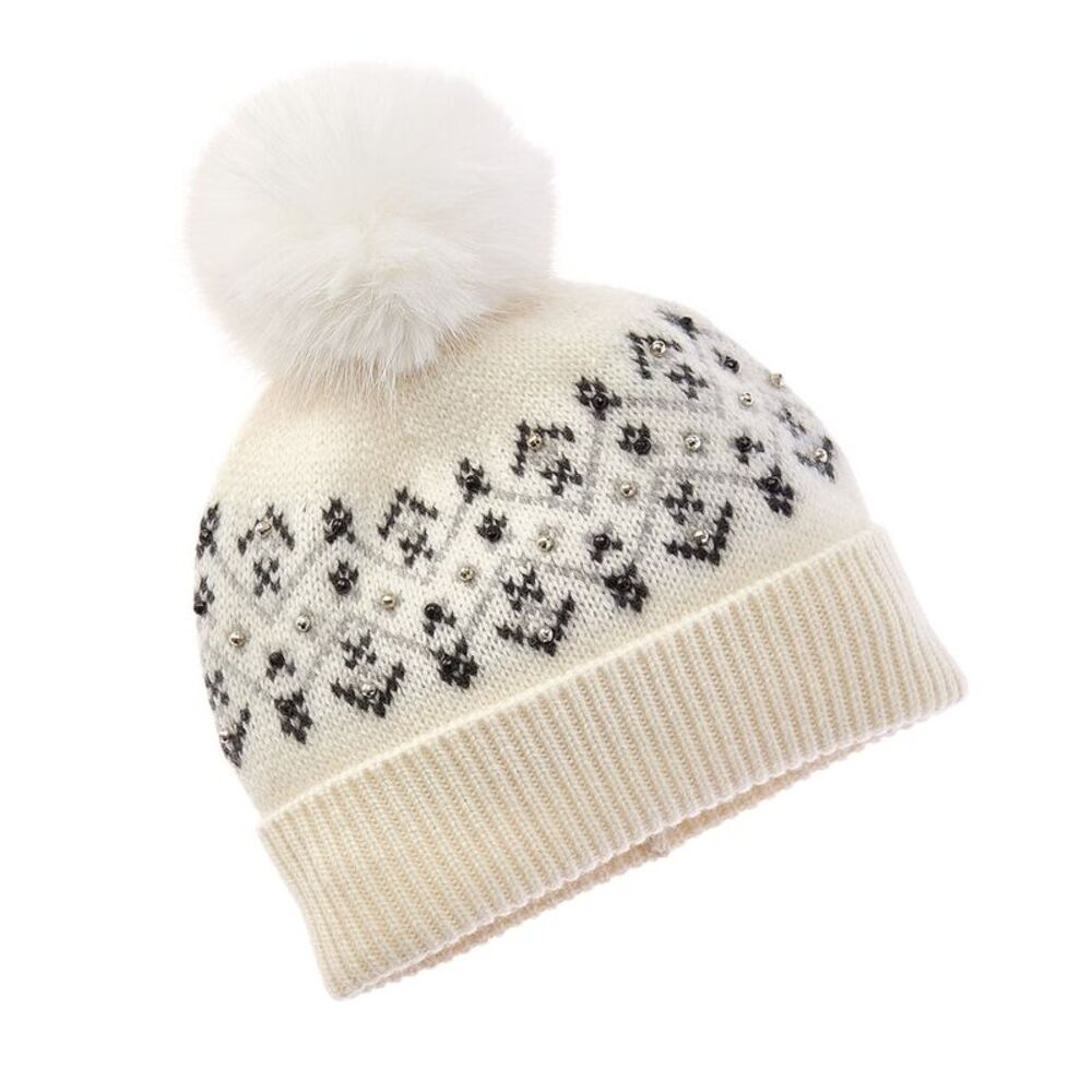 Sofiacashmere Fairisle Embellished Cashmere Hat, White